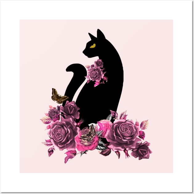 black color cat with butterfly moth and flowers, cats lovers design Wall Art by Collagedream